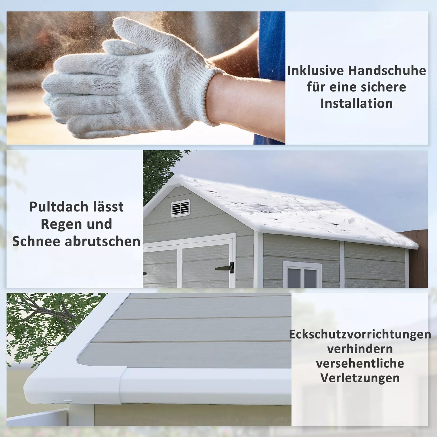 Sodo namelis, įrankių namelis su grindimis, užrakinamos durys, ventiliacijos angos, langai, medžio imitacija, plastikas, pilkos spalvos