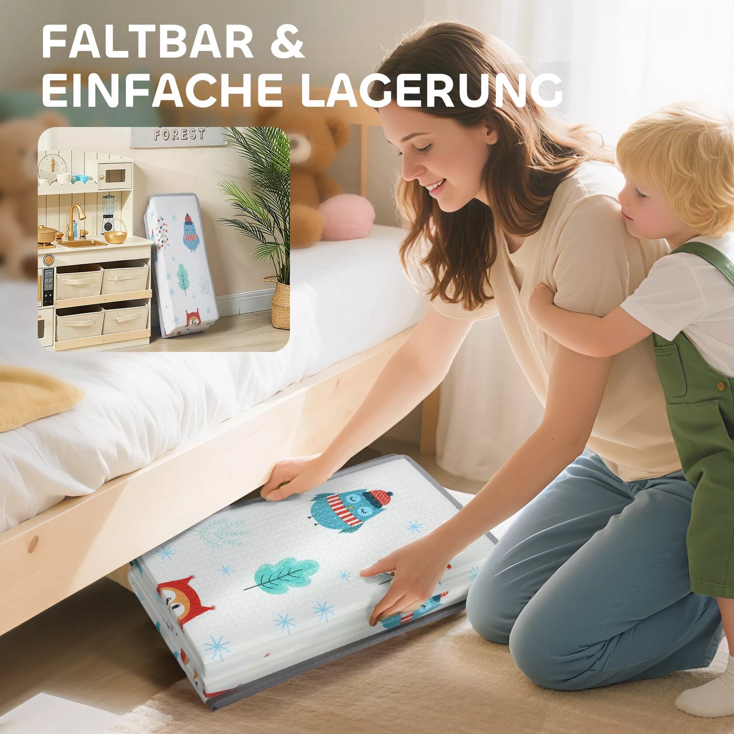 Kūdikio žaidimų kilimėlis, gyvūnėlių raštas, putplastis, 1,5 cm storio paminkštinimas, neslystantis