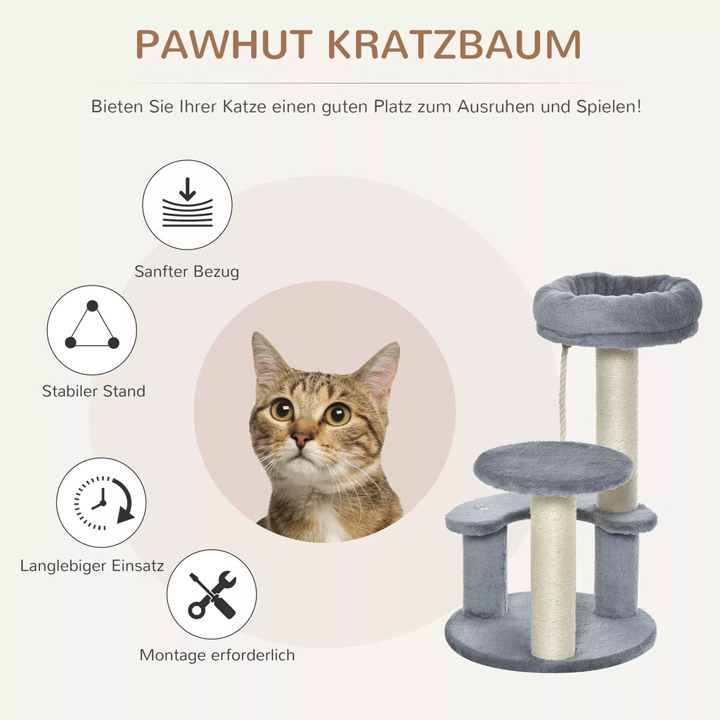 Infografika su pilkos katės draskyklės savybėmis: minkštas paviršius, sisalo stulpeliai, tvirtas pagrindas