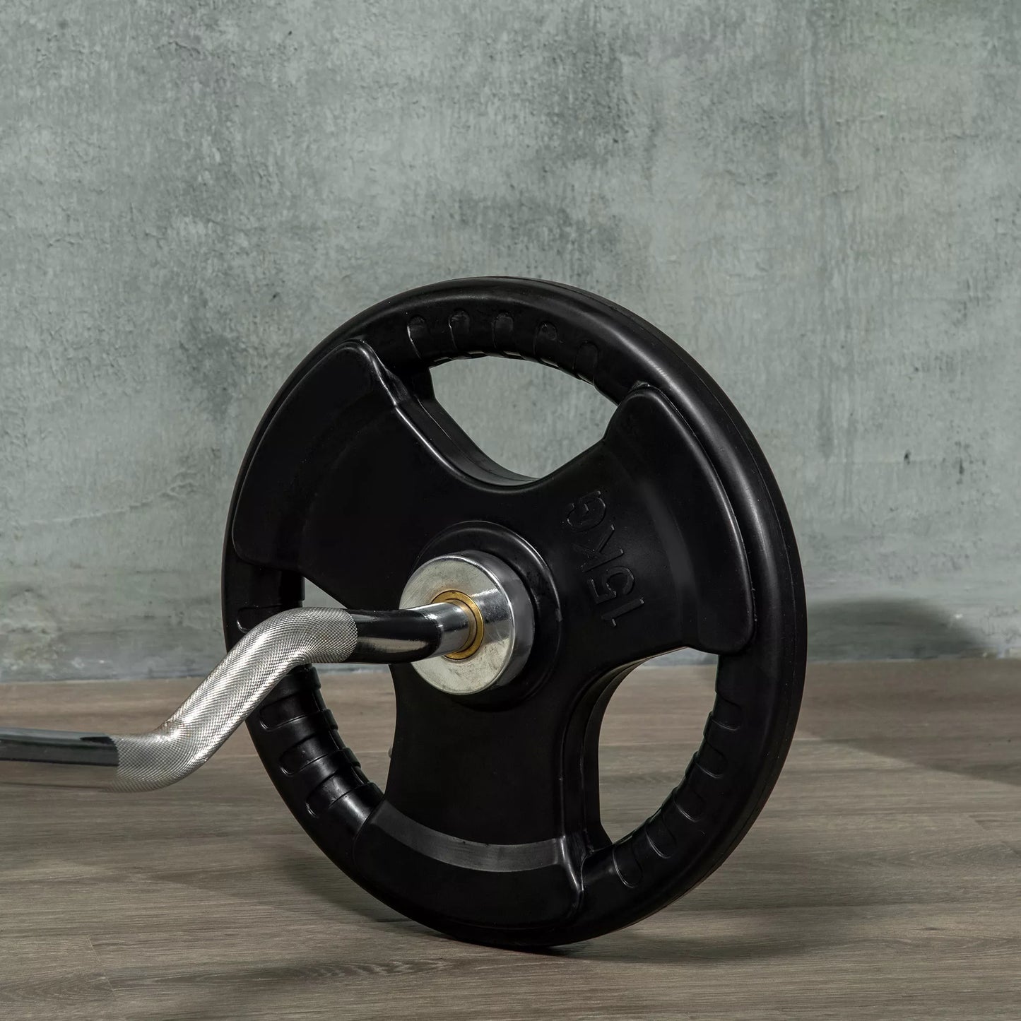 Hantelio diskas, 2 vnt. rinkinys, po 15 kg diskui, trys rankenos, grindims draugiškas guminis apvalkalas, metalas