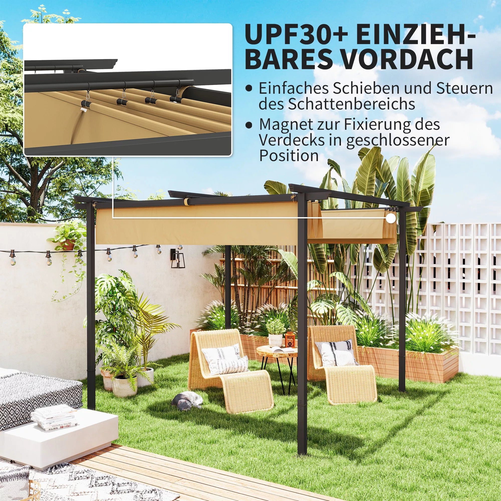 3 x 3 m sodo pergola su reguliuojamu stogu, metaliniu rėmu, UPF30+ apsauga, saulės stogu verandoje, terasoje, smėlio spalvos