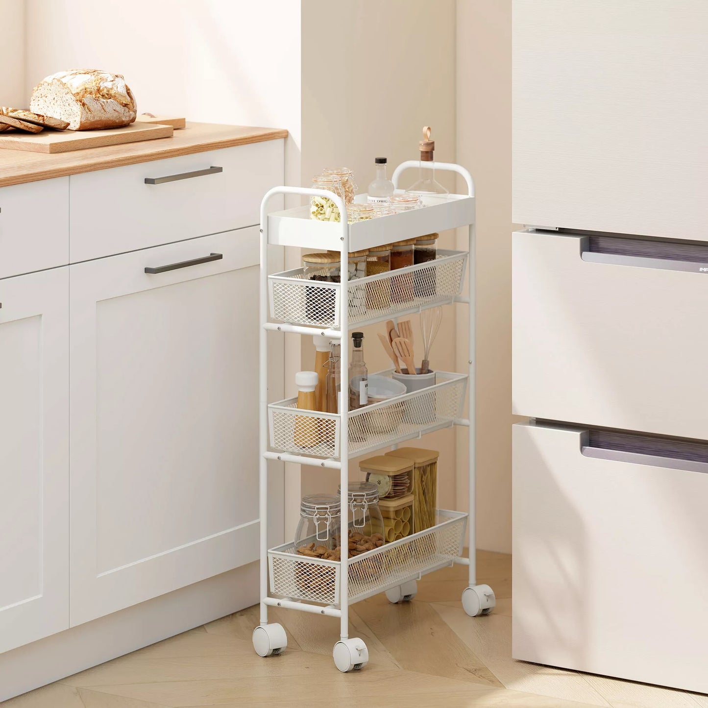Metalinis virtuvės vežimėlis, 3 krepšiai, siauras dizainas, 4 ratai, skirtas virtuvei, svetainei, vonios kambariui, baltas