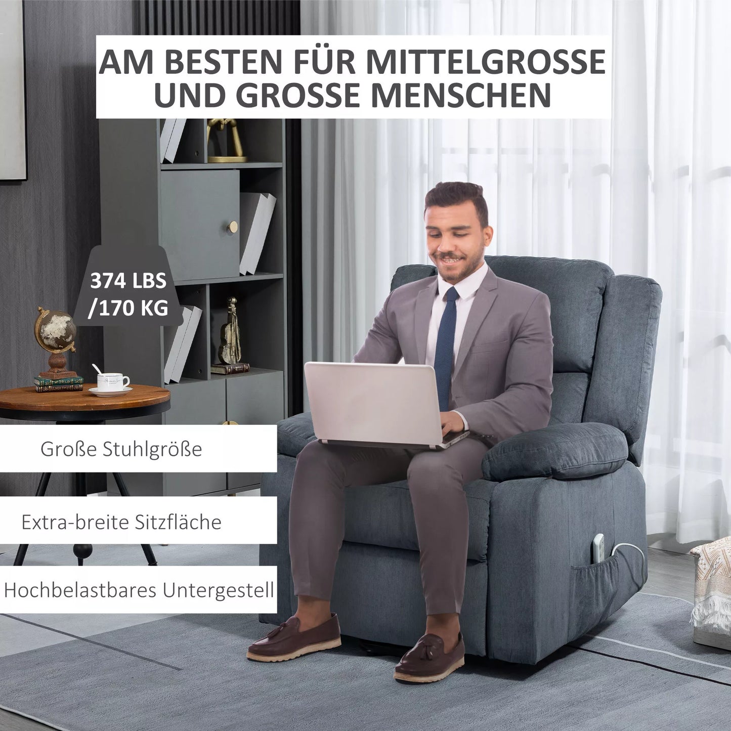 HOMCOM Pakeliamasis krėslas, poilsio fotelis, su gulėjimo funkcija, su nuotolinio valdymo pultu, aksomo išvaizda, pilkas, 92 x 93 x 105 cm