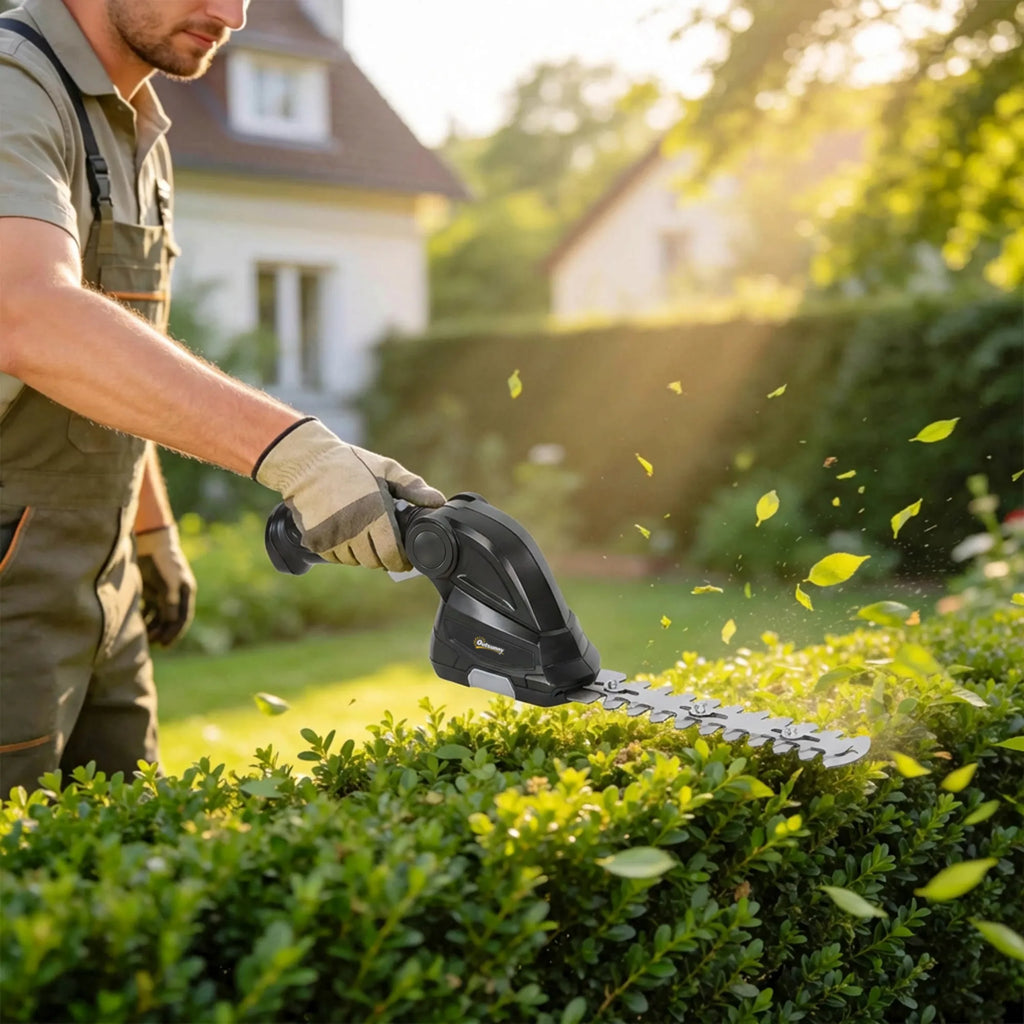 2-in-1 akumuliatorinės gyvatvorių žirklės ir žolės žirklės su keičiamais ašmenimis juodos