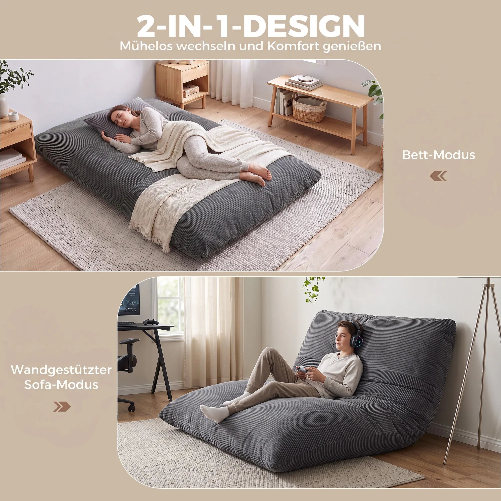 2-in-1 grindų fotelis, sulankstoma sofa-lova iš kordo audinio, tamsiai pilka