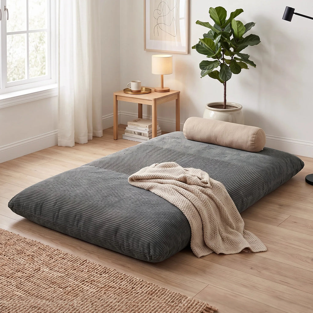 2-in-1 grindų fotelis, sulankstoma sofa-lova iš kordo audinio, tamsiai pilka