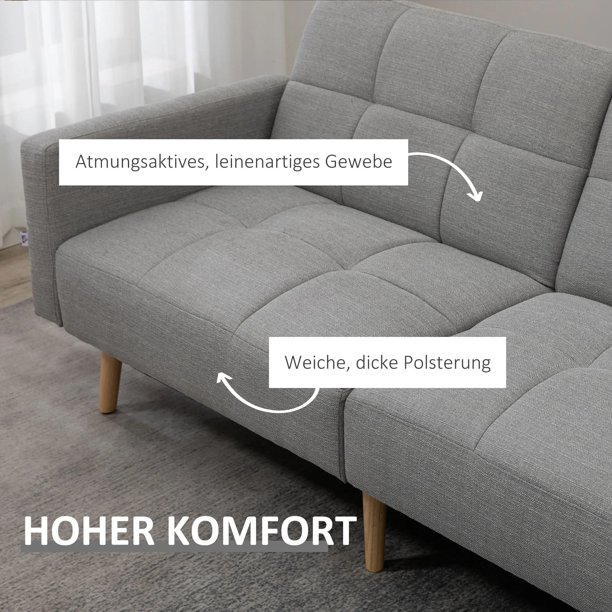 2 in 1 miegamasis sofos 205 x 88 cm Sofa su lovos funkcija, sofa su sėdimojo pagalvėle, lino išvaizda Pilka