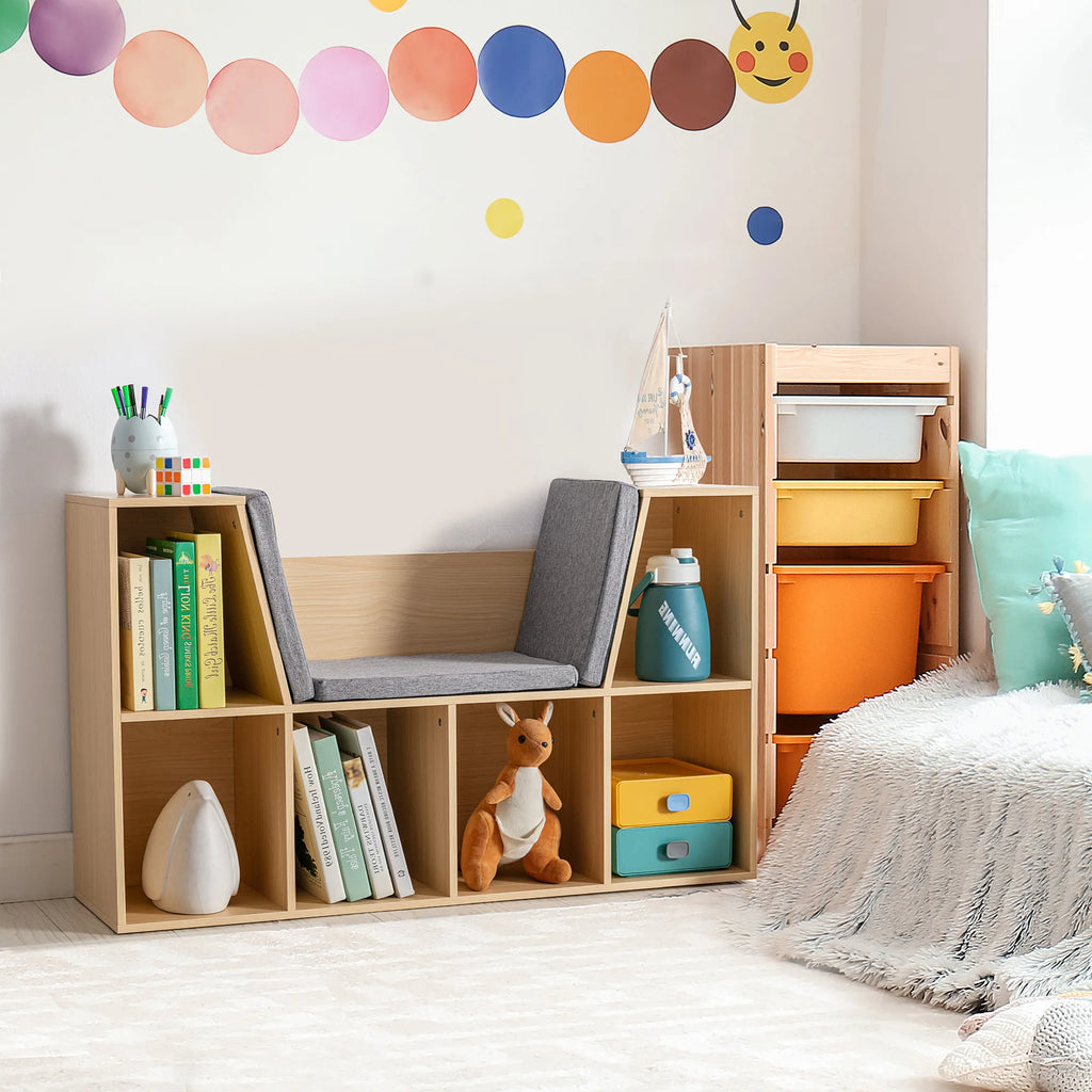 2-in-1 vaikų lentynos lentynos + suoliukas su pagalvėlėmis 103 cm × 30 cm × 62 cm Balta + Pilka