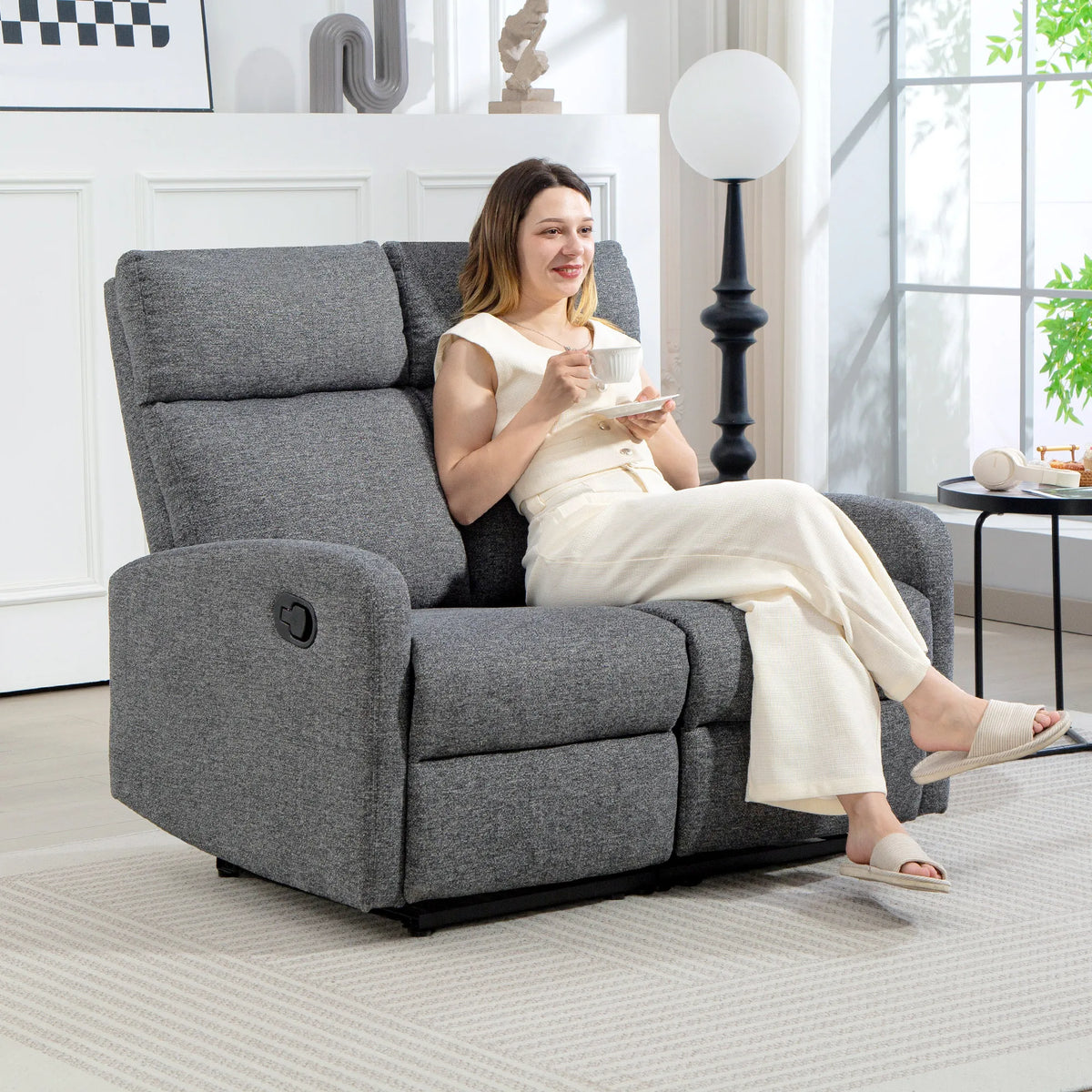 2-Sitzer-Sofa, individuell verstellbare Rückenlehnen, Fußstütze, Stoffbezug, Stahl, Grau