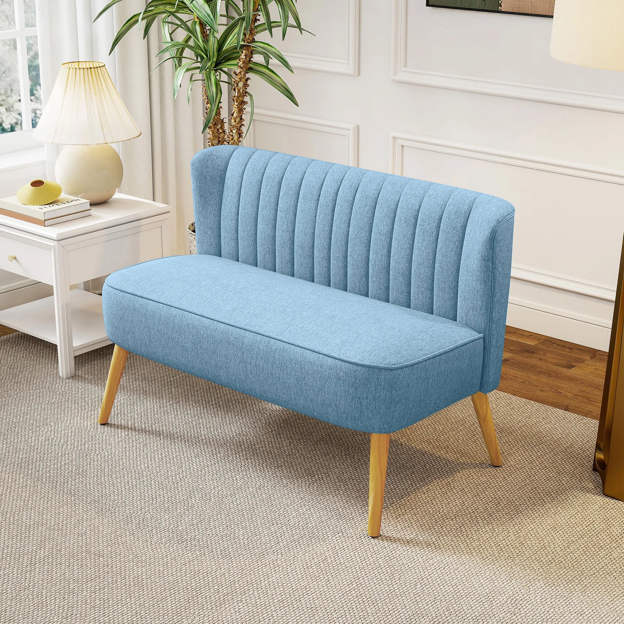 2 vietų sofa retro stiliaus, minkšta apmušalai, lengvai prižiūrimi apmušalai, iki 150 kg, 117 x 56,5 x 77 cm, mėlyna