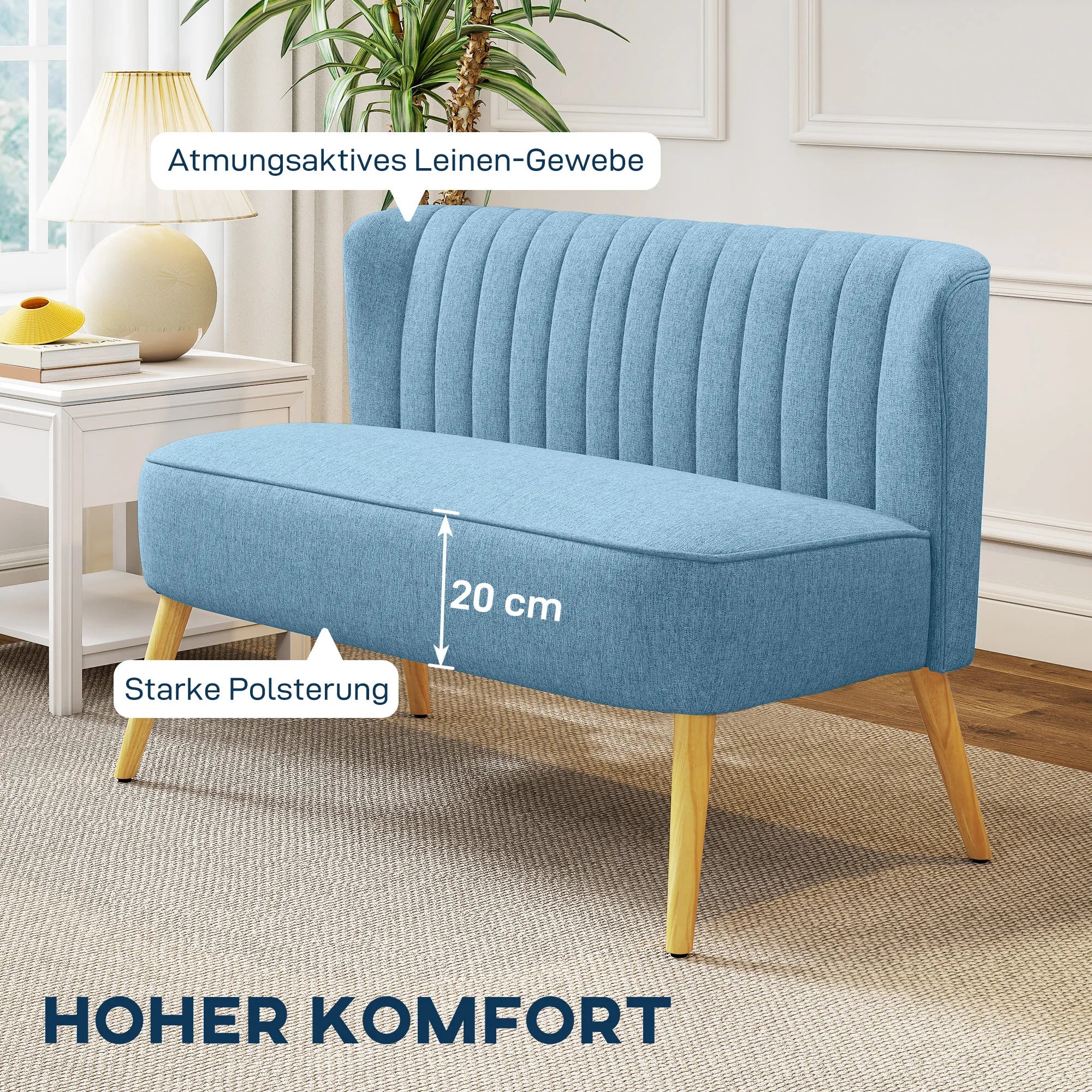 2 vietų sofa retro stiliaus, minkšta apmušalai, lengvai prižiūrimi apmušalai, iki 150 kg, 117 x 56,5 x 77 cm, mėlyna