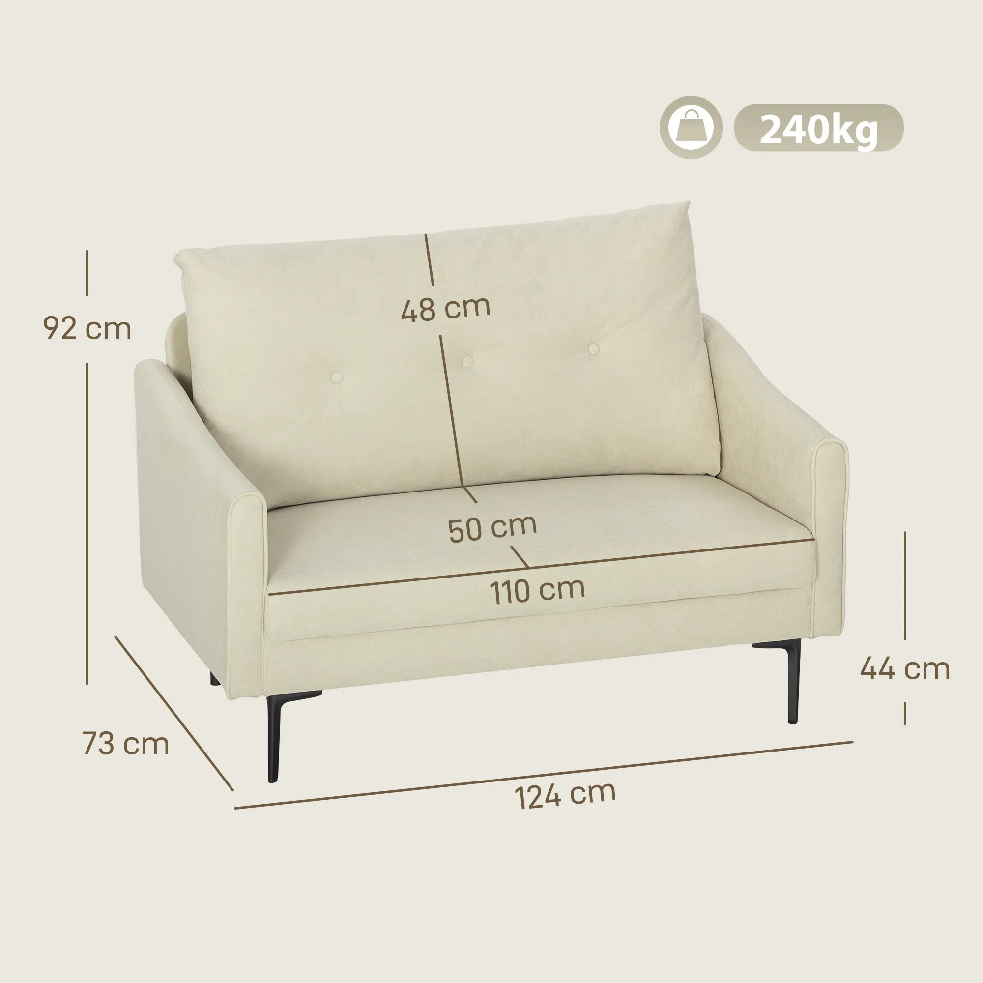 2 vietų sofa su putų paminkštinimu ir audiniu apmušalu, skirta svetainei, miegamajam, metalinis rėmas, kreminė balta spalva