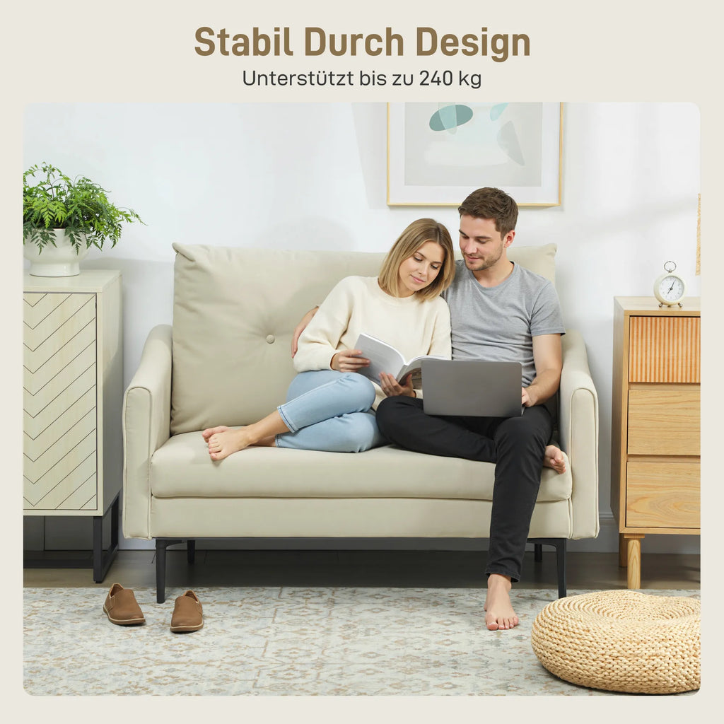 2 vietų sofa su putų paminkštinimu ir audiniu apmušalu, skirta svetainei, miegamajam, metalinis rėmas, kreminė balta spalva
