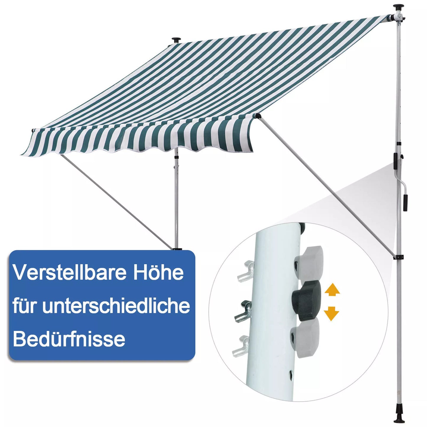 Tvirtinama markizė su rankenėle, reguliuojamo aukščio, išlankstoma markizė, atstumianti nešvarumus, atspari oro sąlygoms, balkono markizė 150cm pločio, terasos markizė terasai, balkonui, verandai, žalia