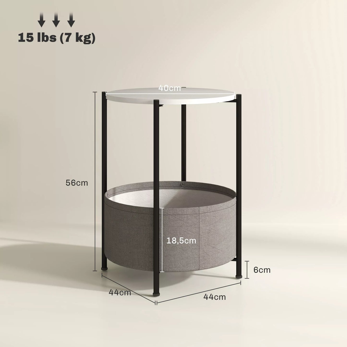 Apvalus staliukas su medžiaginiu krepšiu, 2 pakopų kavos staliukas svetainei, miegamajam, mažoms erdvėms, metalas, pilka+balta