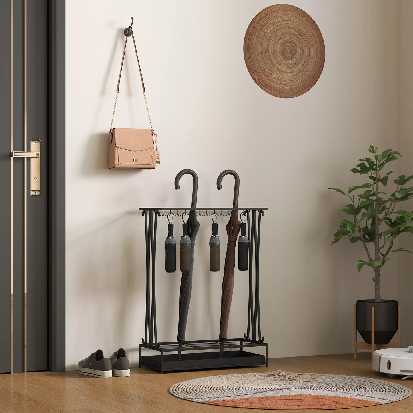 Skėčių stovas su išimamu vandens rinktuvu, skėčių stovas su 21 anga ir 24 kabliukais, plienas, juodas