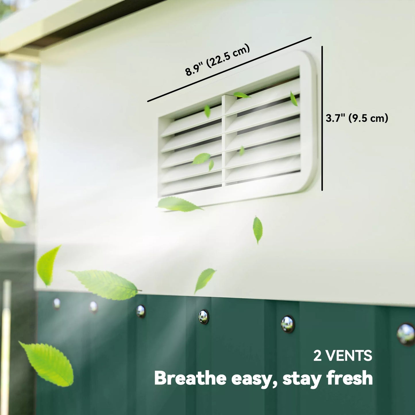 Žalias metalinis sodo namelis su šlaitiniu stogu ir užrakinamomis dvigubomis durimis 2,8 x 3,45 x 2,01m