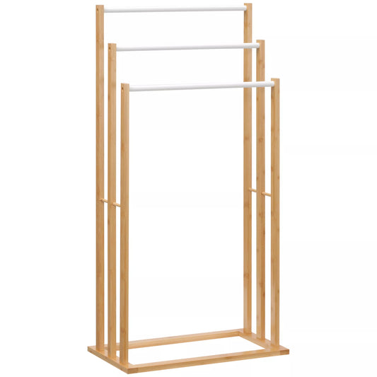 Bambukinė rankšluosčių kabykla. 3 dalių dizainas, 3 rankšluosčių laikikliai, 48 cm x 25,8 cm x 94 cm, natūrali spalva + balta