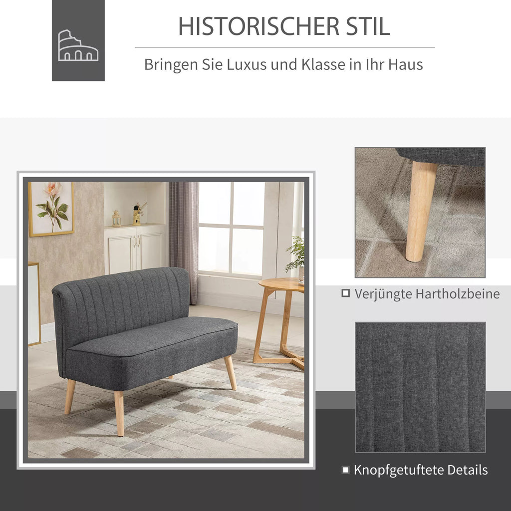 Dviejų vietų sofa, minkštas paminkštinimas, lengvai prižiūrimas užvalkalas, iki 150 kg, 117 x 56,5 x 77 cm, tamsiai pilkos spalvos