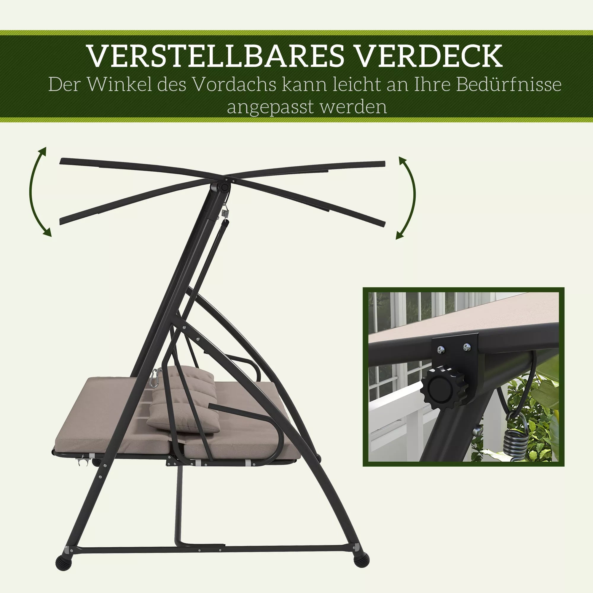 2-in-1 holivudo sūpynės su atlošimo funkcija, 3-vietės sodo sūpynės iš plieno Sūpynės suoliukas 170x110x153 cm, šviesiai rudos spalvos