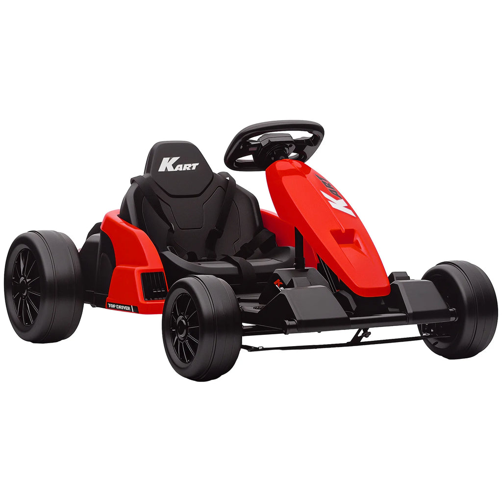 24 V elektrinis kartingas, drift režimas, reguliuojama sėdynė, 5 taškų saugos diržai, muzikos funkcija, signalas, 6–12 metų, raudonas