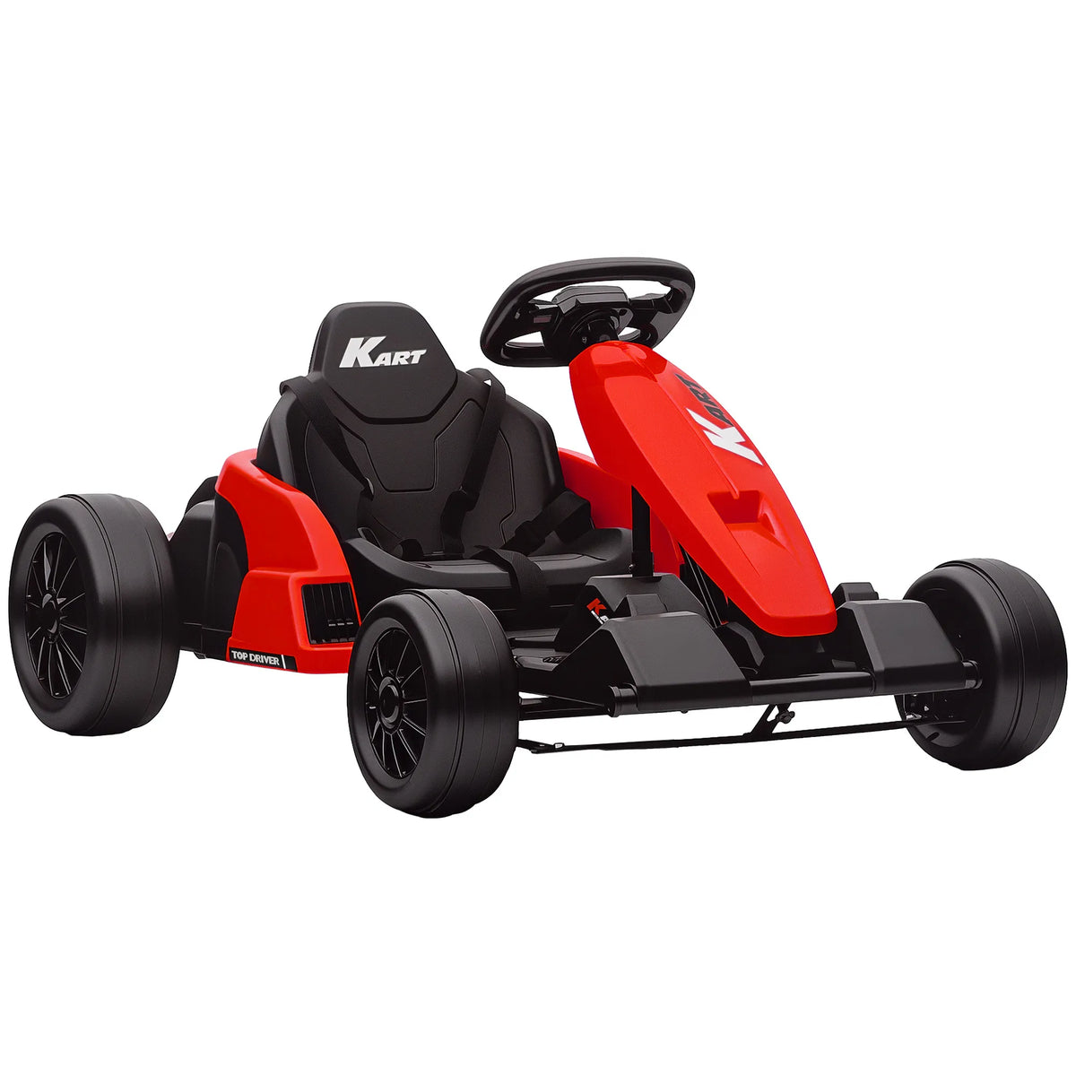 24 V elektrinis kartingas, drift režimas, reguliuojama sėdynė, 5 taškų saugos diržai, muzikos funkcija, signalas, 6–12 metų, raudonas