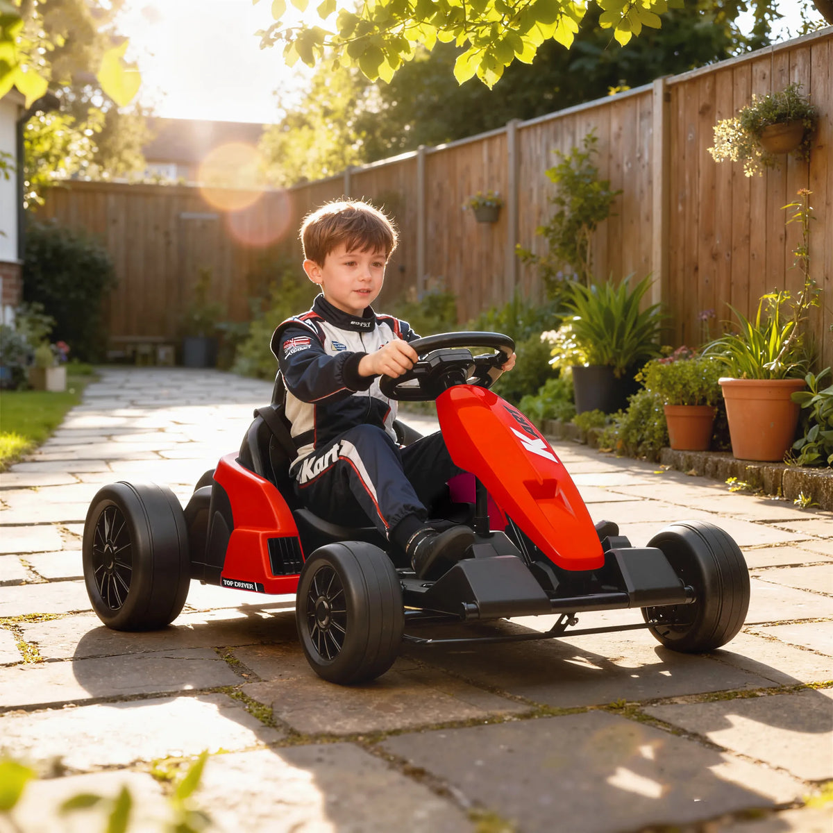 24 V elektrinis kartingas, drift režimas, reguliuojama sėdynė, 5 taškų saugos diržai, muzikos funkcija, signalas, 6–12 metų, raudonas