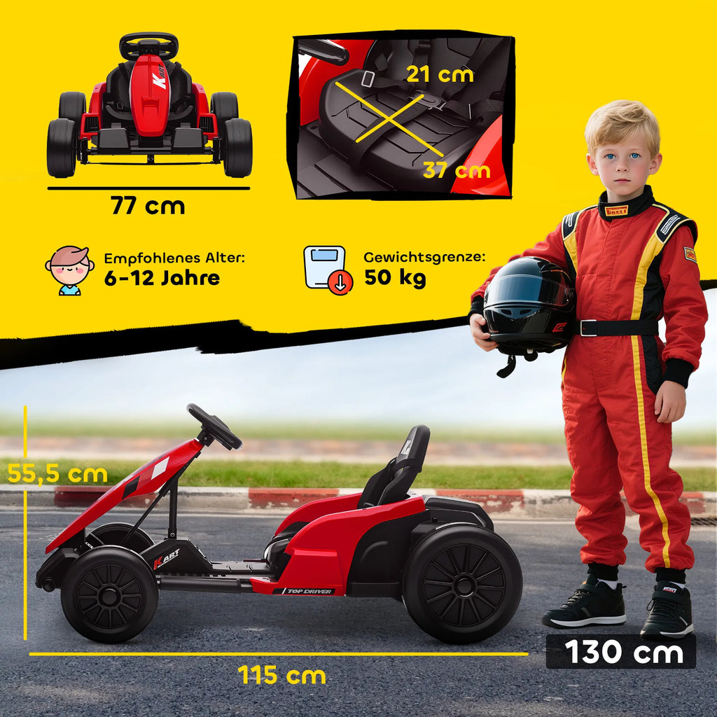 24 V elektrinis kartingas, drift režimas, reguliuojama sėdynė, 5 taškų saugos diržai, muzikos funkcija, signalas, 6–12 metų, raudonas