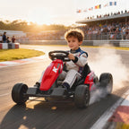 24 V elektrinis kartingas, drift režimas, reguliuojama sėdynė, 5 taškų saugos diržai, muzikos funkcija, signalas, 6–12 metų, raudonas