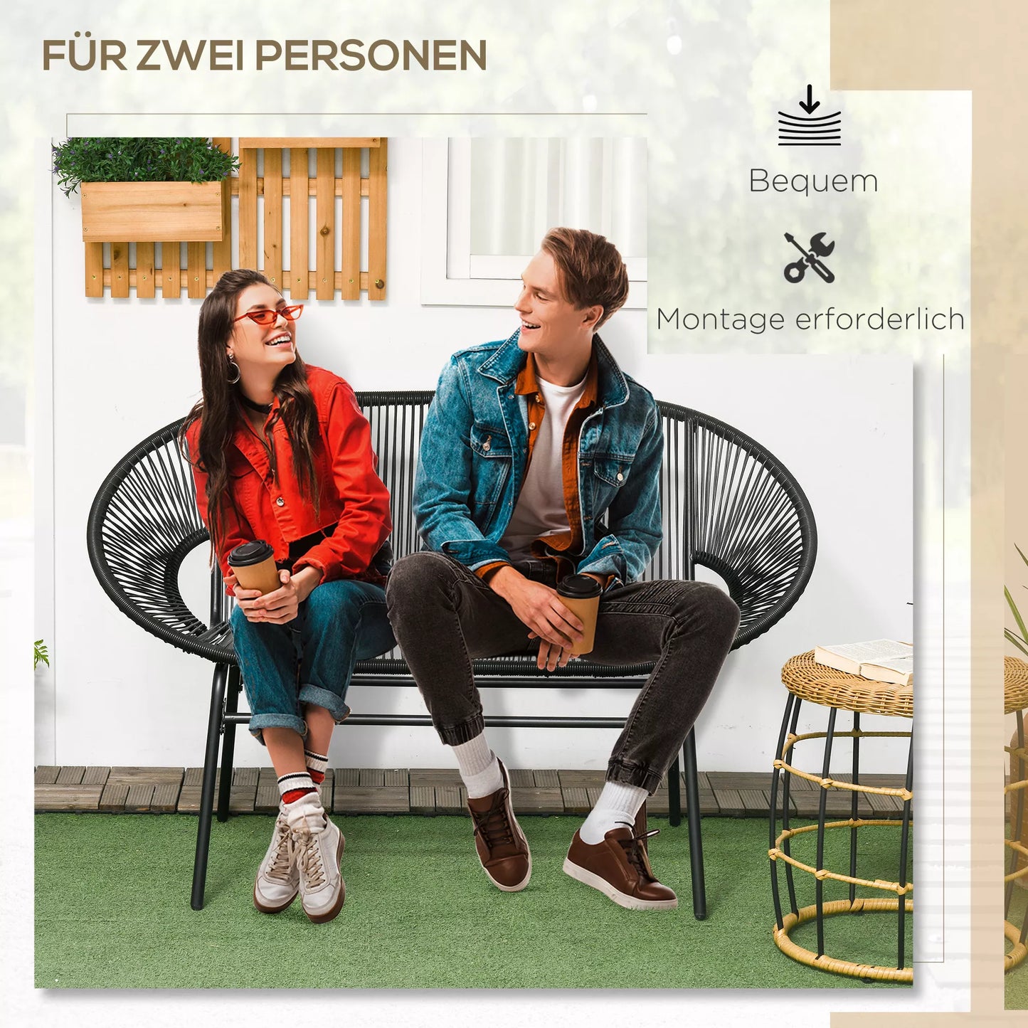 Rattaninis fotelis Boho stiliaus poilsio fotelis, 132 cm x 72 cm x 83 cm, juodas