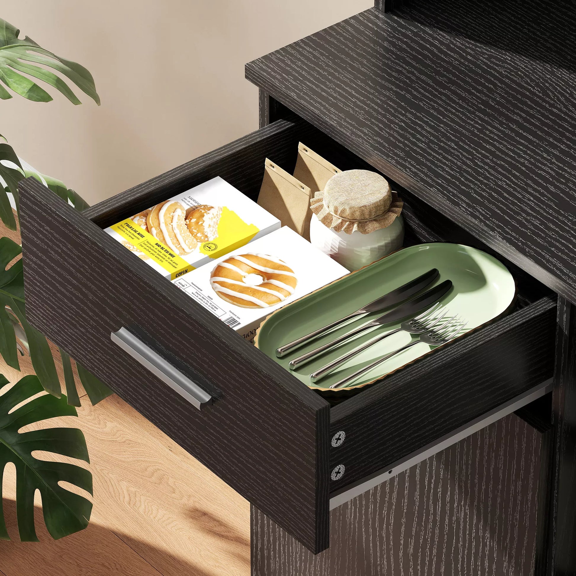 Virtuvės spintelė, bufetas su stalčiumi, minkštos uždarymo durys, 80 x 35 x 180 cm, juoda