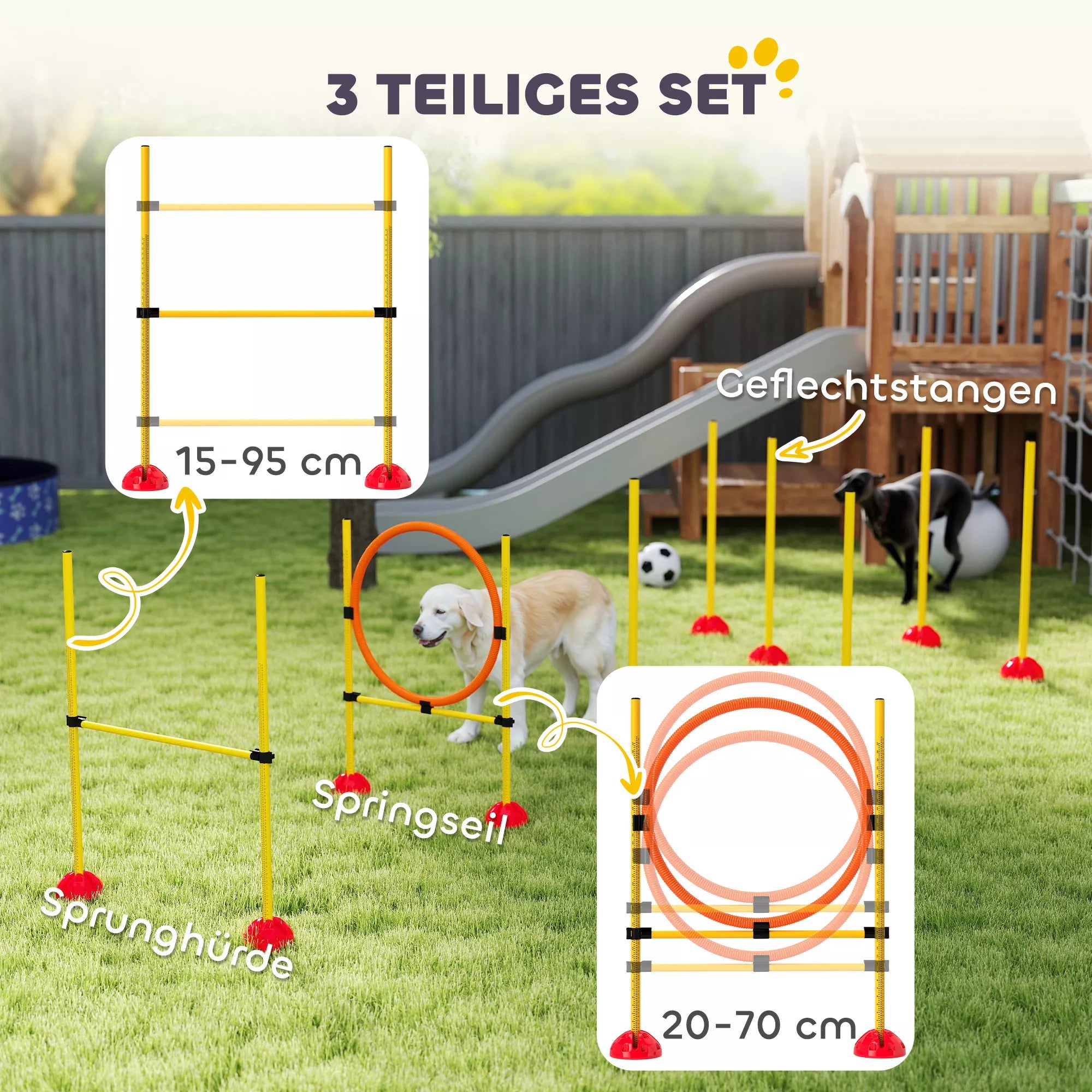 3 dalių šunų agility rinkinys, užpildomas. Agility įranga šunų dresūrai, šuolių kliūčių ir slalominių stulpų rinkinys.