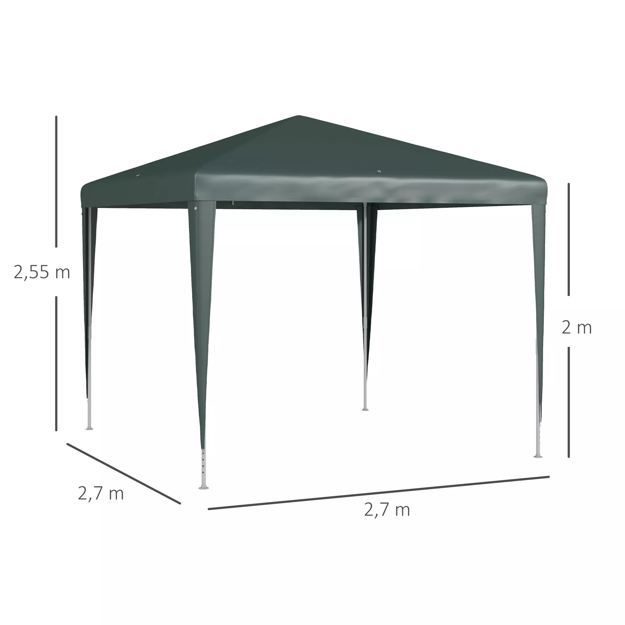Paviljonas 2,7 x 2,7 m, greitas surinkimas su užfiksuojamuoju mechanizmu, nerūdijantis rėmas, tamsiai žalias