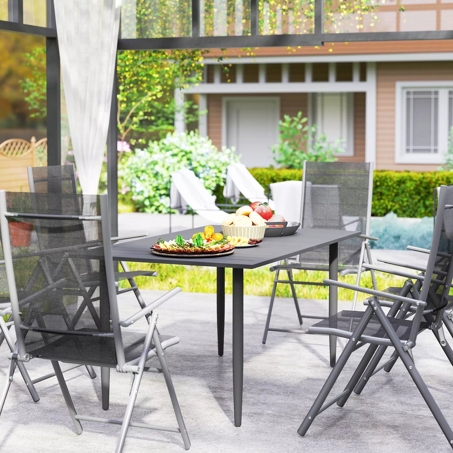 Sodo stalas 150x90 cm, atsparus atmosferos poveikiui, balkono stalas iš plieno, balkono stalas su skėčio skyle, juodos spalvos