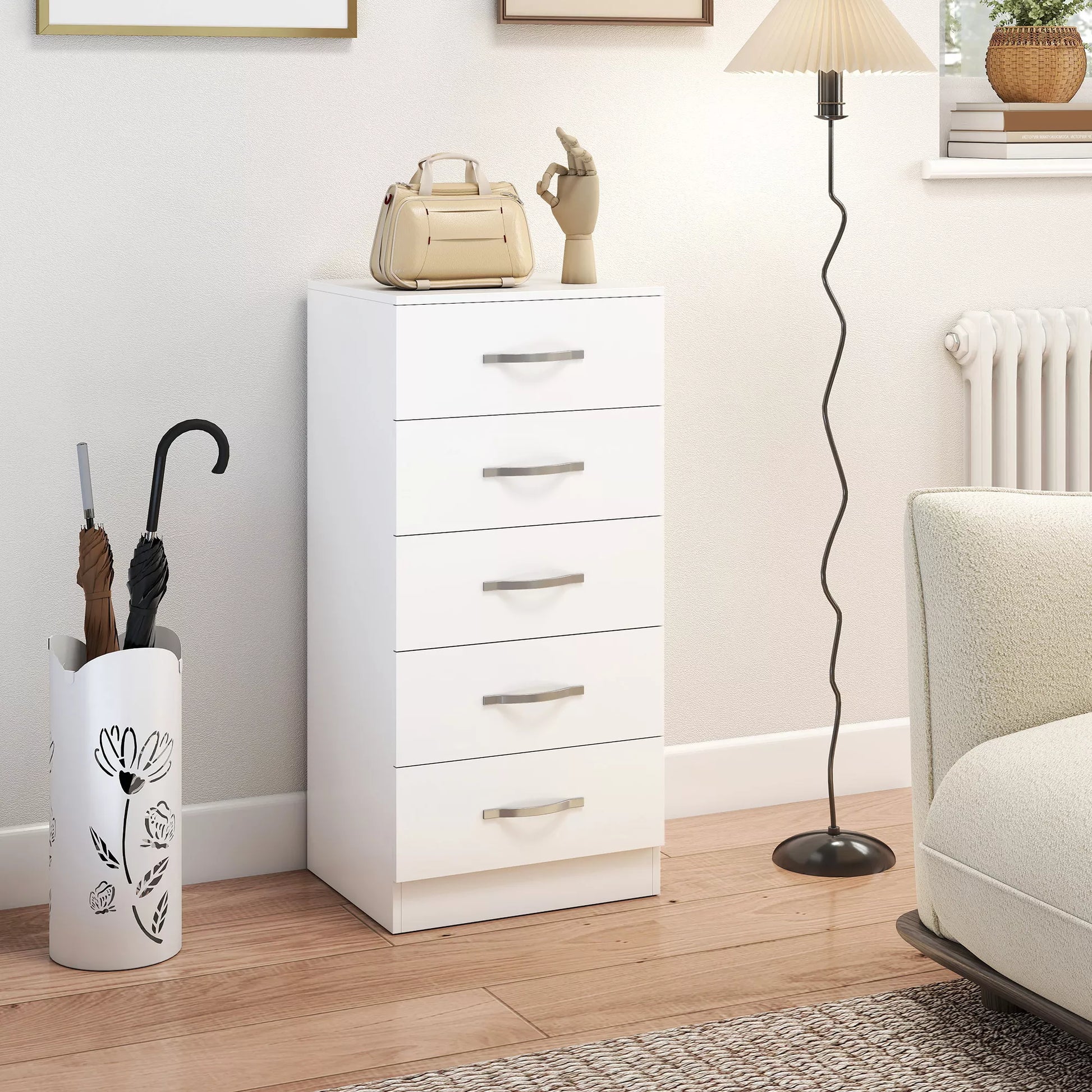 Kompaktas su 5 stalčiais, spintelė drabužiams ir reikmenims, medžio drožlių plokštė, balta