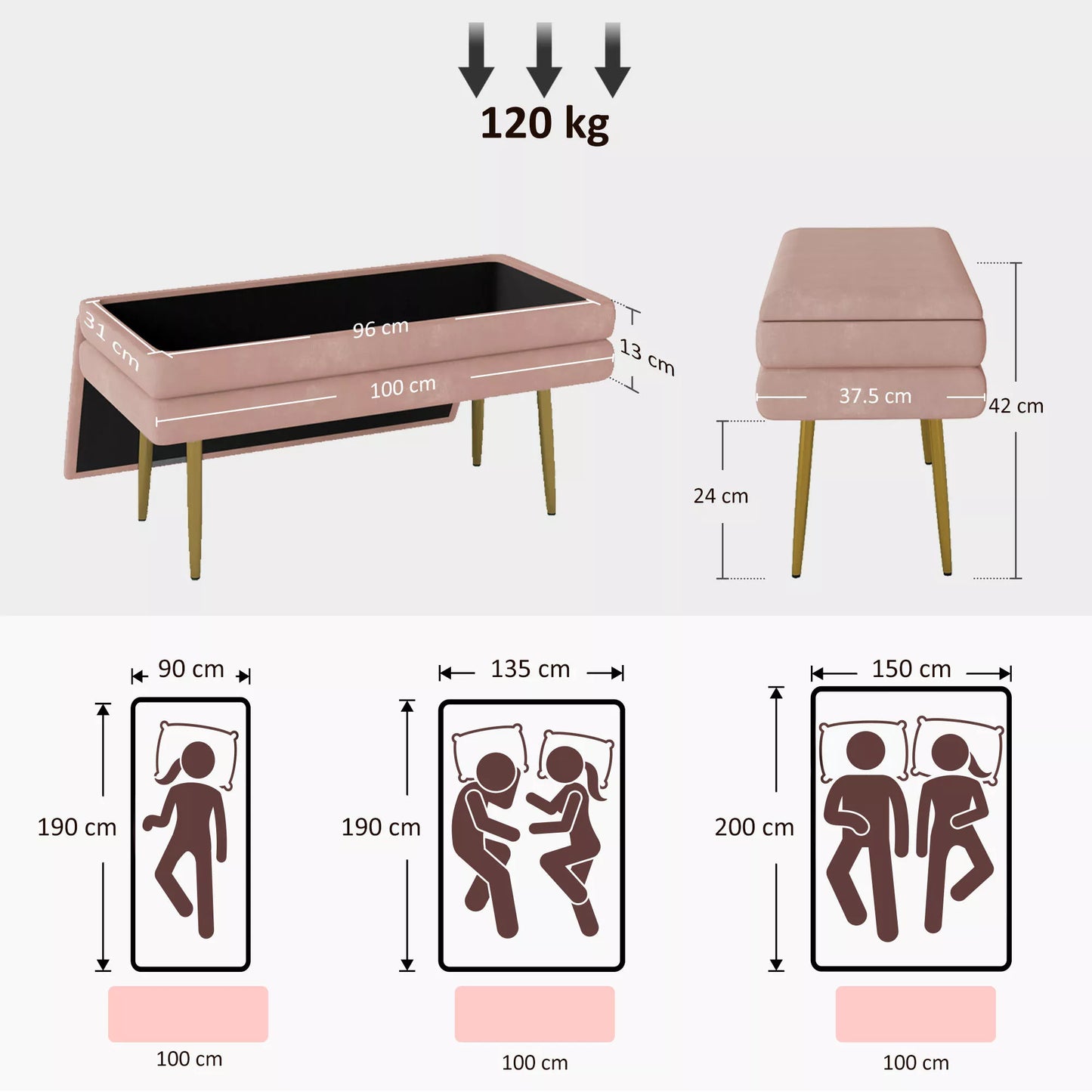 Sėdynė su daiktadėže, plieninė, 100 x 37,5 x 42 cm, rožinė