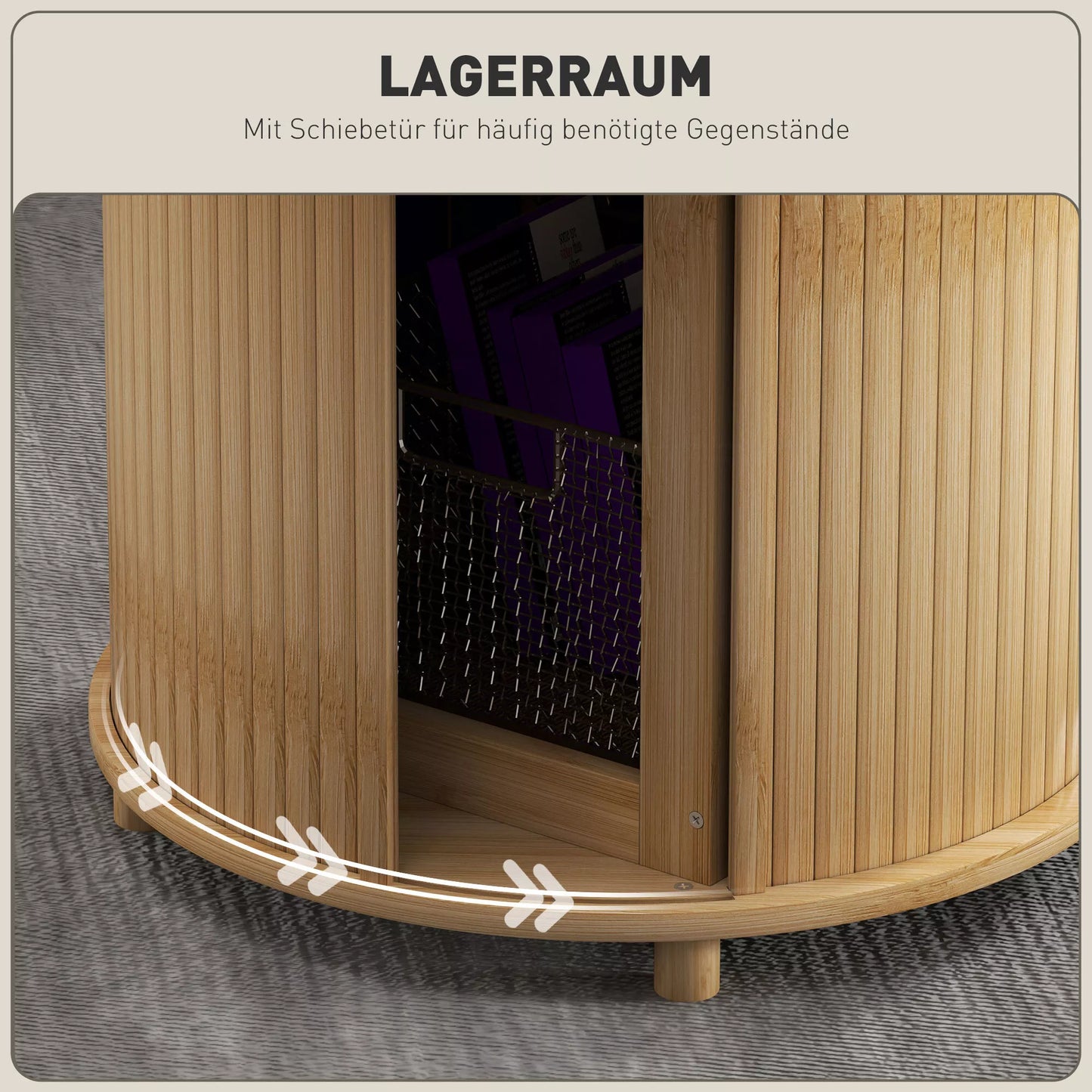 Apvalus pagalbinis staliukas su daiktadėže, stumdomosios durys, bambukas, Ø60 x 45 cm, atlaiko iki 20 kg