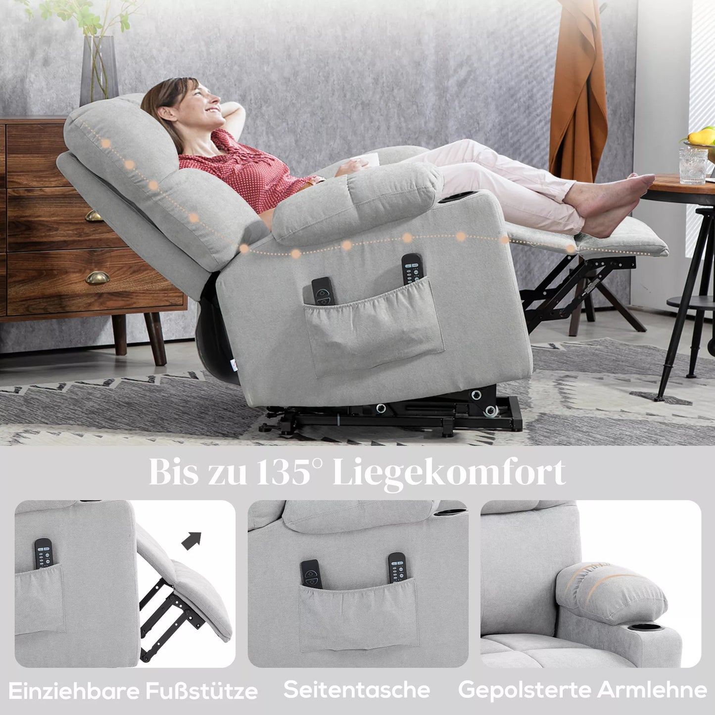 Fotelis su pagalba atsikelti, poilsio funkcija, su pulteliu, 144 cm x 91 cm x 88 cm, šviesiai pilkos spalvos