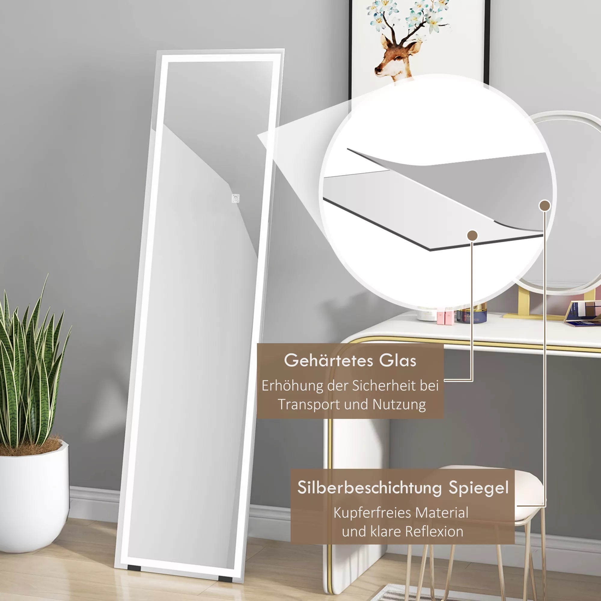 Pastatomas veidrodis, sieninis veidrodis, pilno kūno veidrodis, su LED apšvietimu, 40 cm x 150 cm, Baltas + Sidabrinis