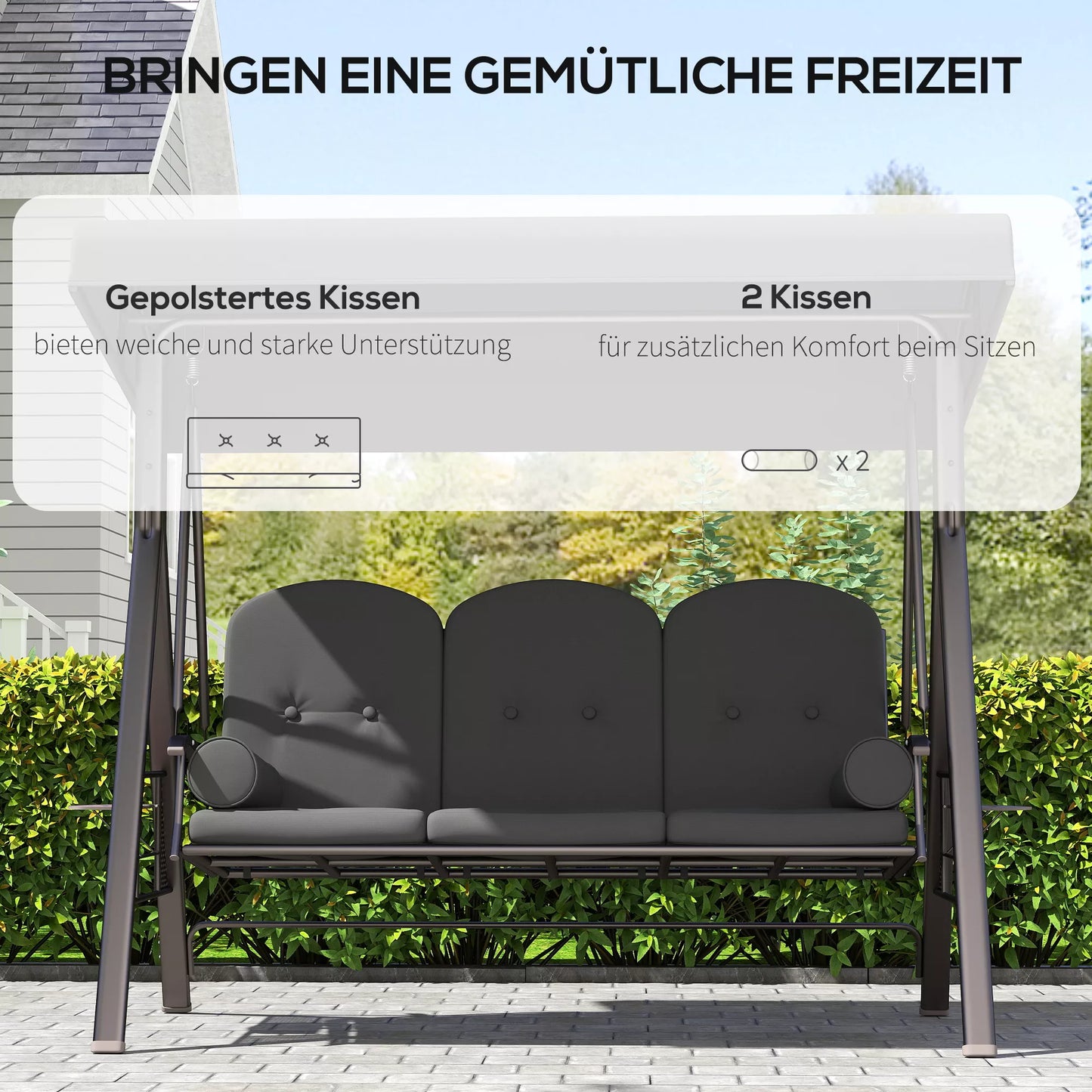 Sodo sūpynės tvirtos, trijų vietų su stogeliu, plienas ir poliesteris, iki 360 kg, tamsiai pilka