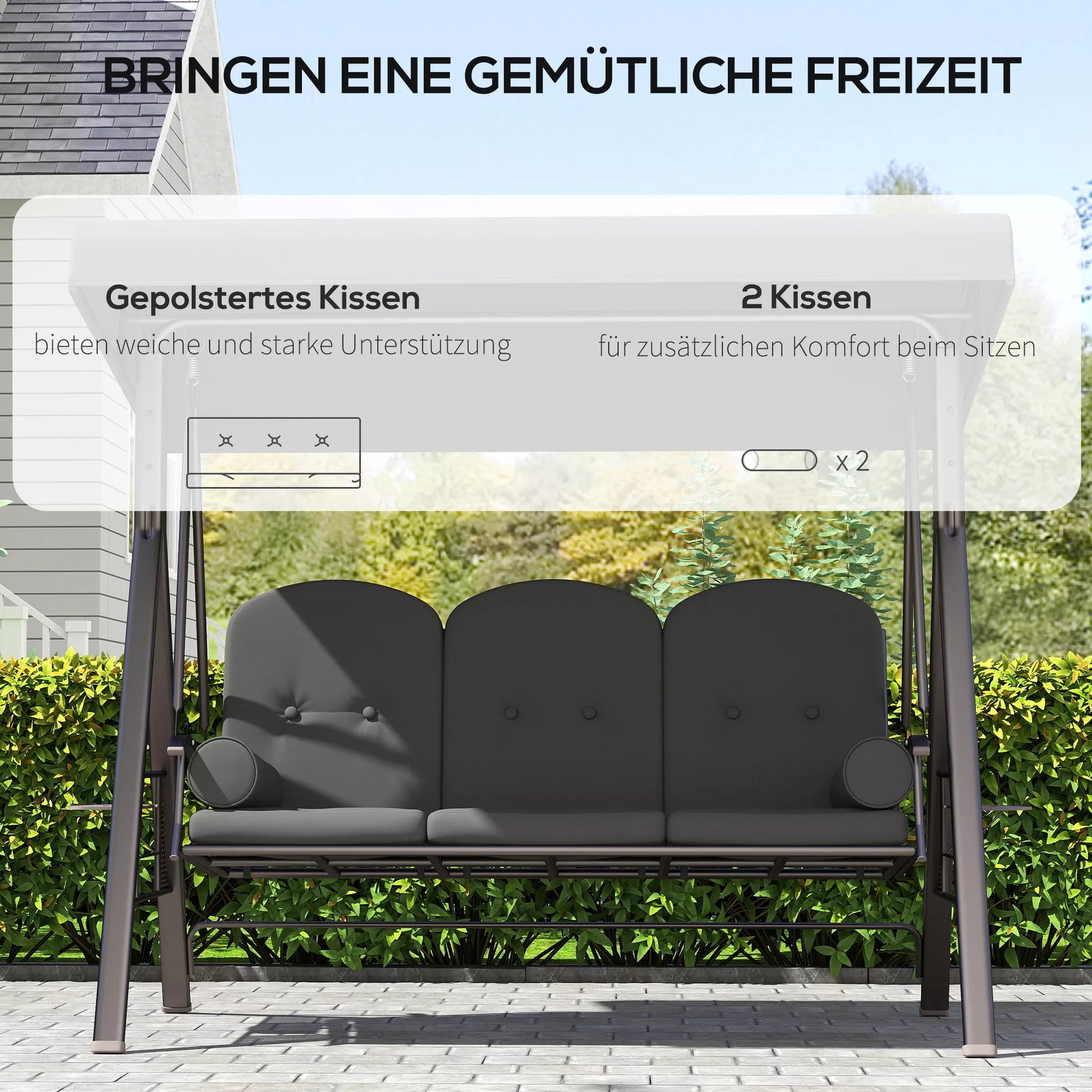 Sodo sūpynės tvirtos, trijų vietų su stogeliu, plienas ir poliesteris, iki 360 kg, tamsiai pilka