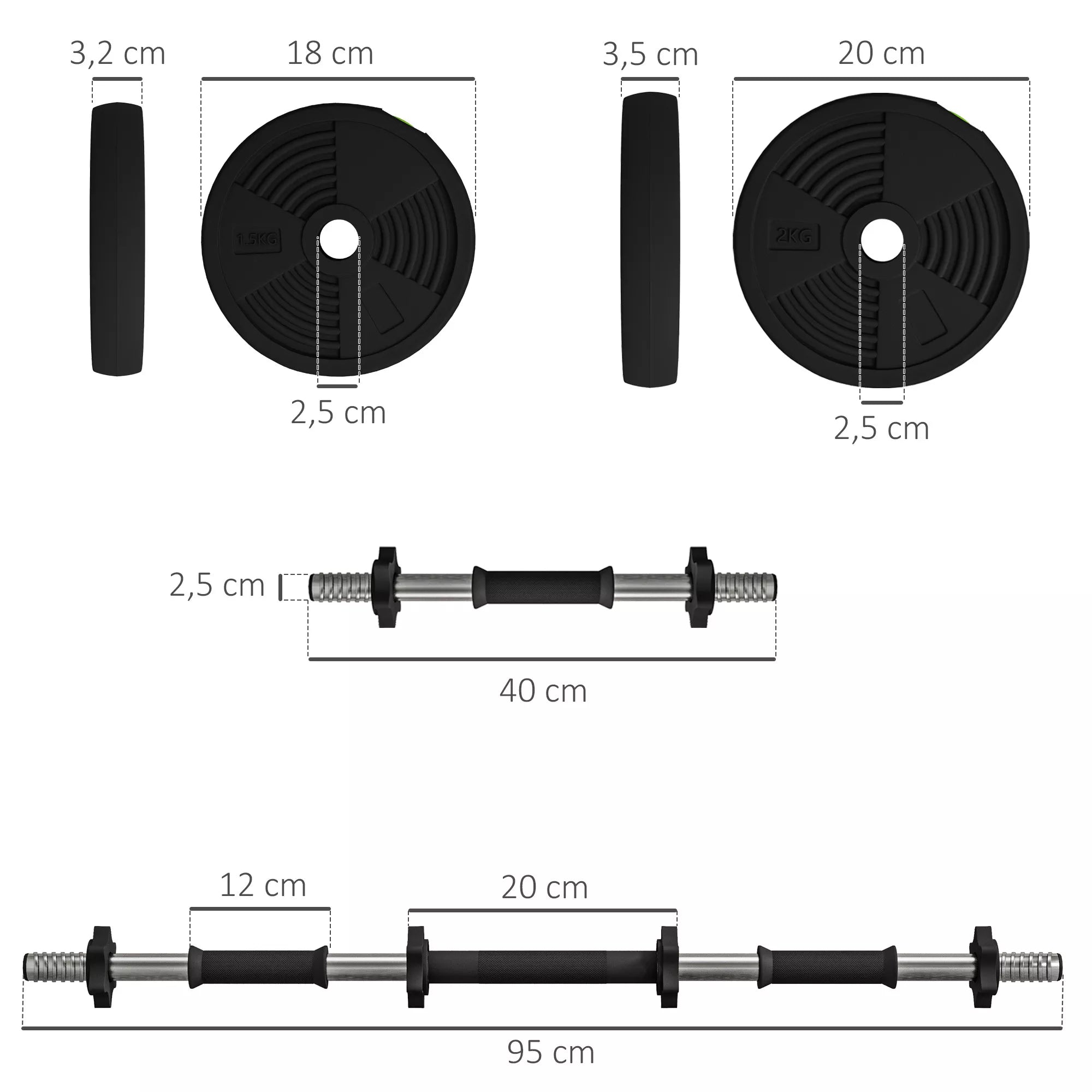 2-in-1 hantelių rinkinys, ilgos ir trumpos hantelės, 15 kg, neslystantis, nepažeidžiantis grindų, juodas/žalias