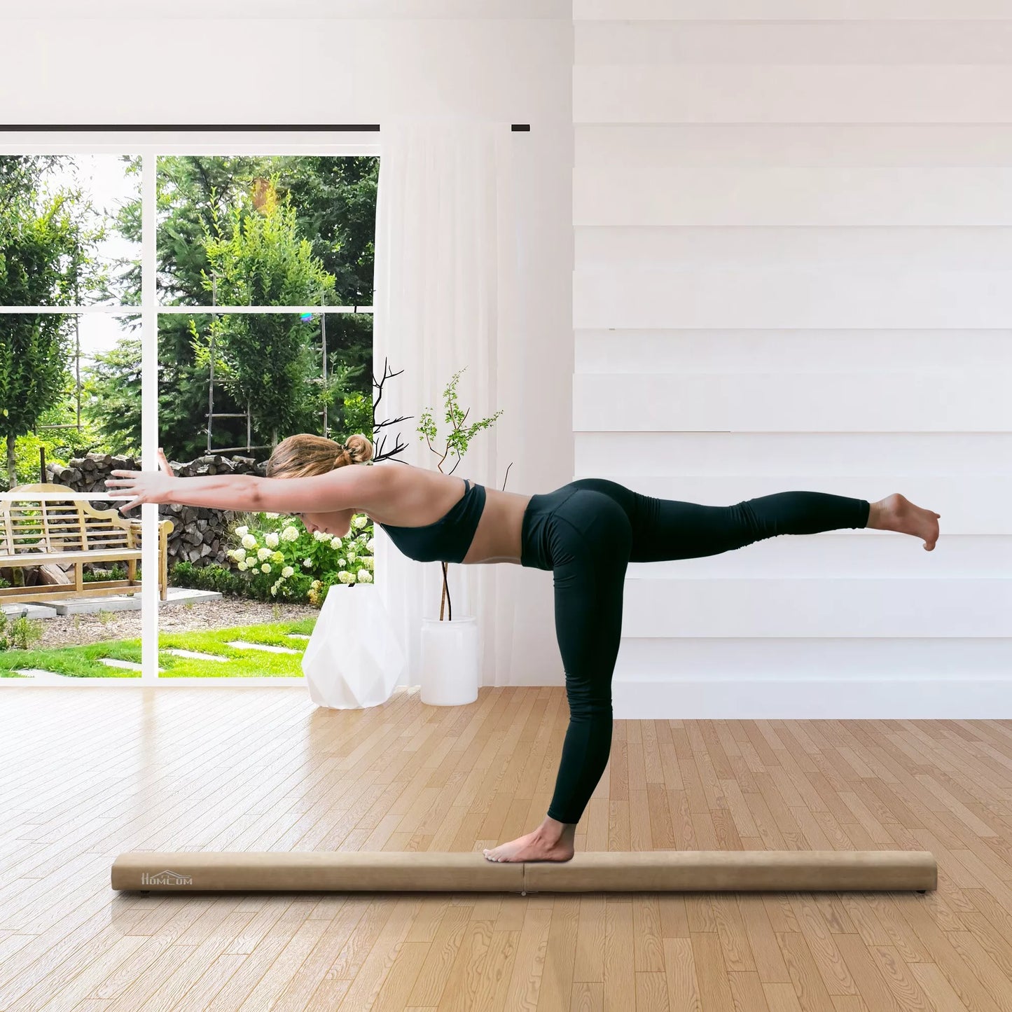 Sulankstoma balansinė sija, neslystanti, su zomšos danga, tvirtos medienos, 210 x 10 x 6,5 cm, ruda