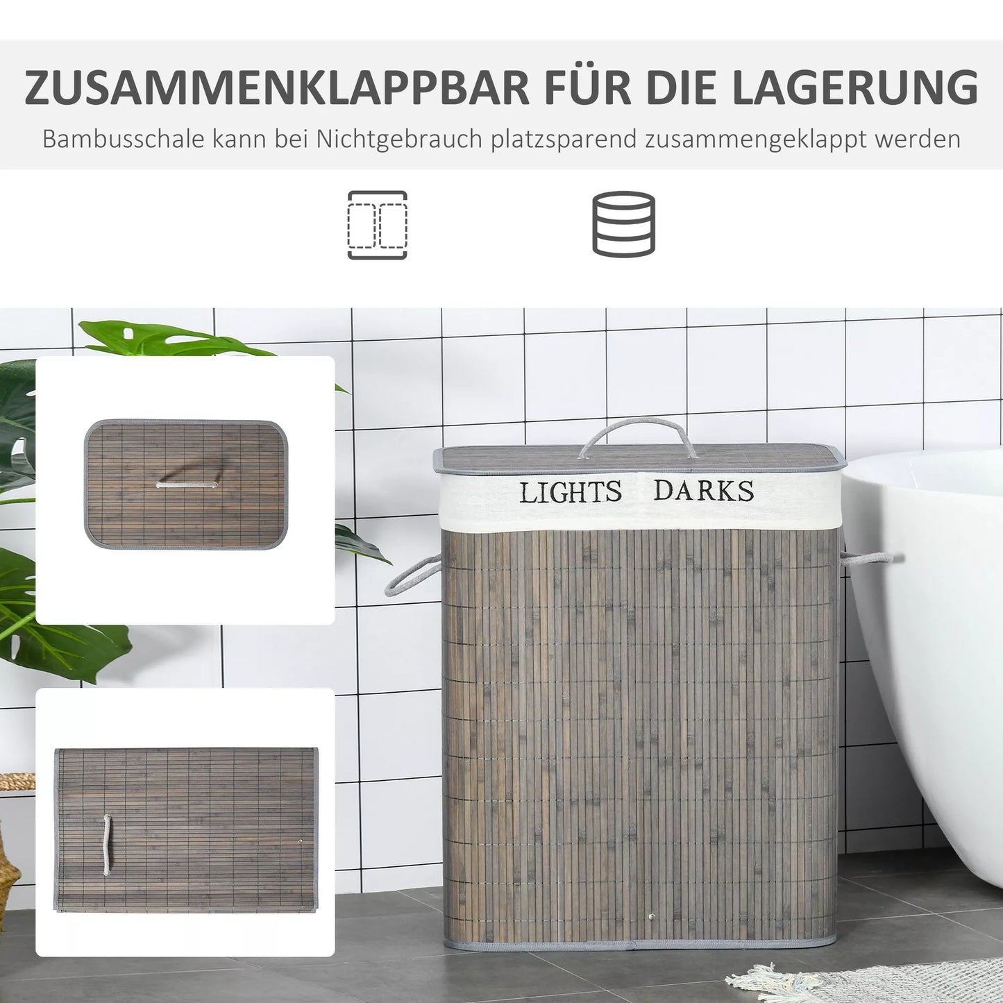 100L skalbinių krepšys su 3 rankenomis, su skalbiamu maišeliu, Bambukas, poliesteris, medvilnė, metalas, 52 x 32 x 63 cm, Pilkas