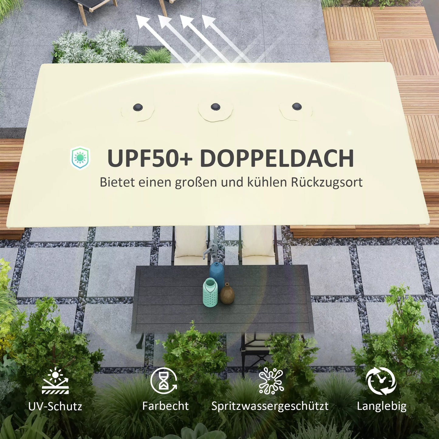 Dvipusis skėtis, 451 x 264 cm skėtis nuo saulės su kietimo sistema, 12 metalinių stipinų, aliuminio stiebas, kreminės baltos spalvos