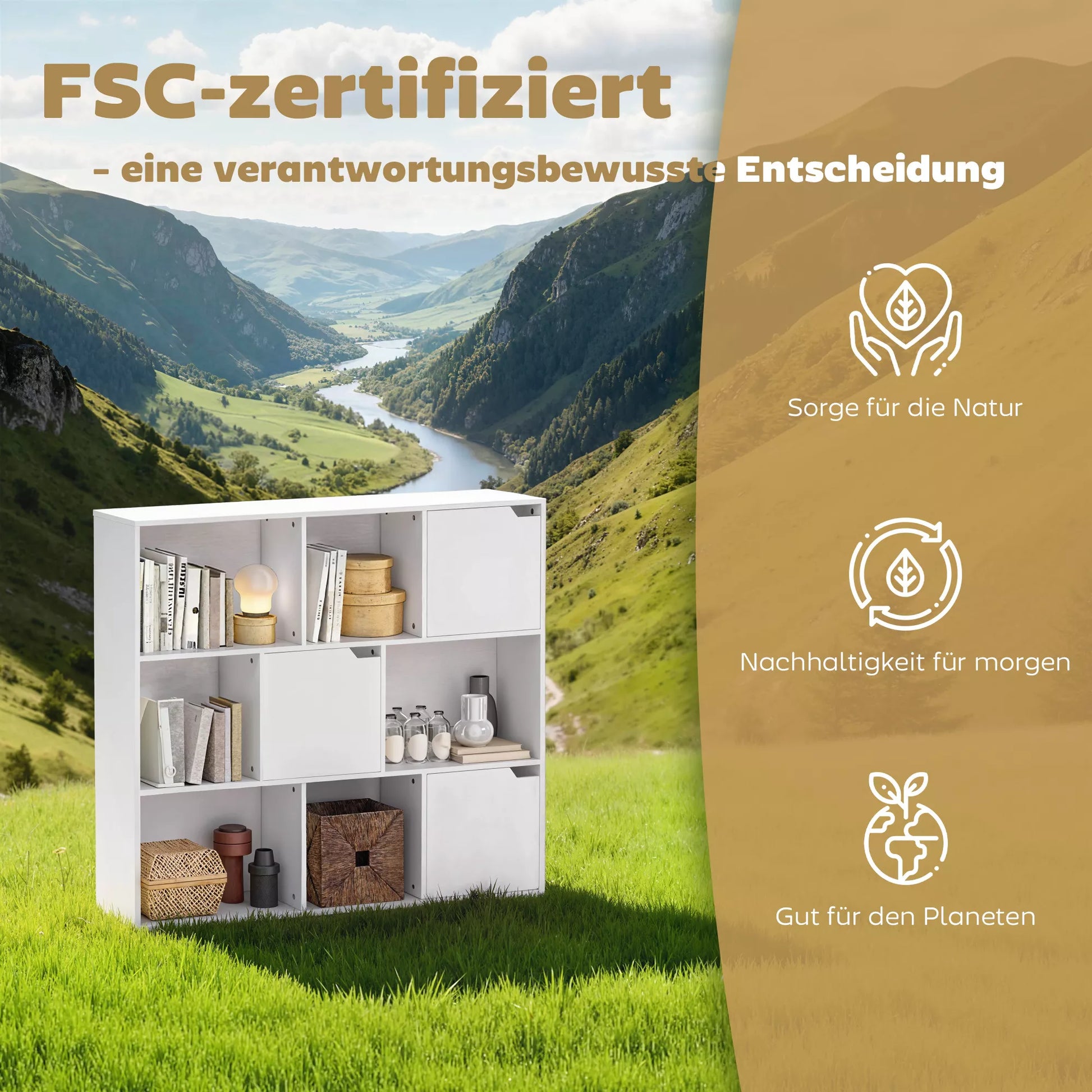 Knygų lentyna, 9 kubiniai skyriai, 3 durys, 6 atviros lentynos, skirtos svetainei, miegamajam, medžio drožlių plokštė, balta