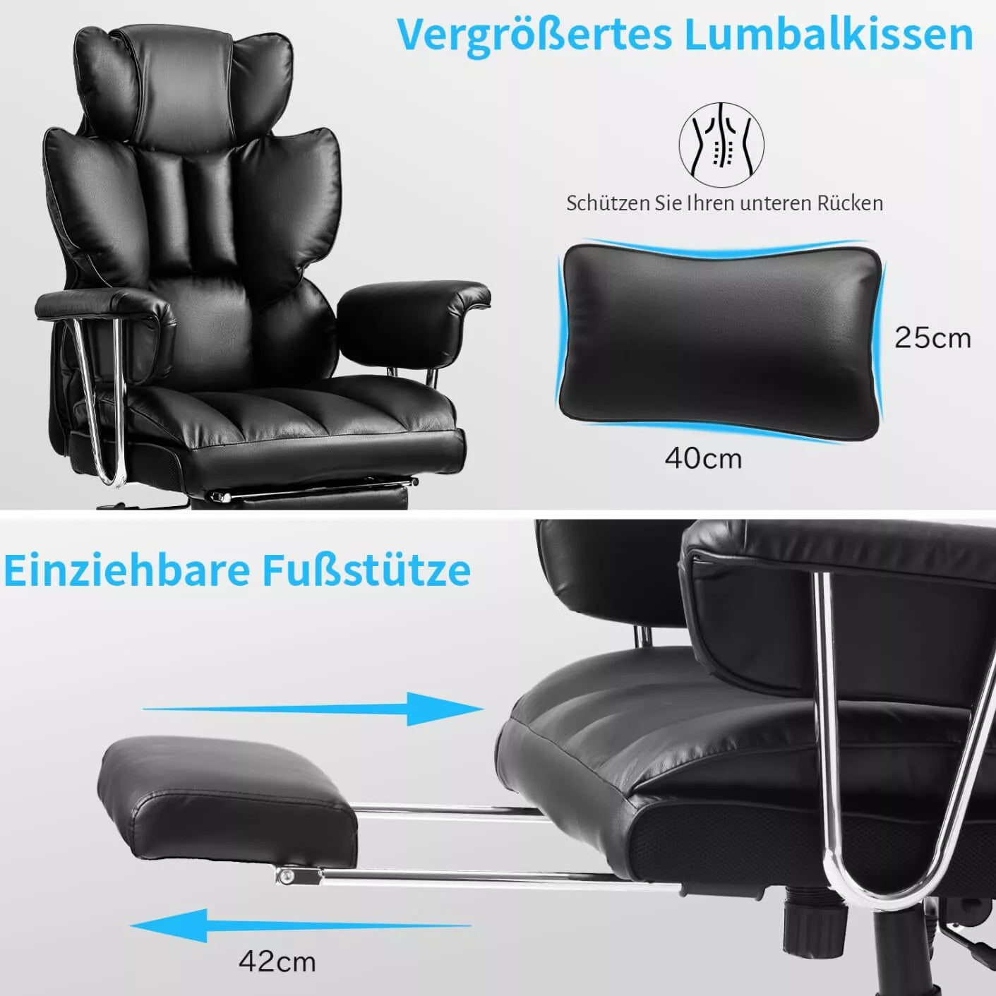 Ergonomiška vadovo biuro kėdė iš PU odos su kojų ir juosmens pagalvėle, juoda