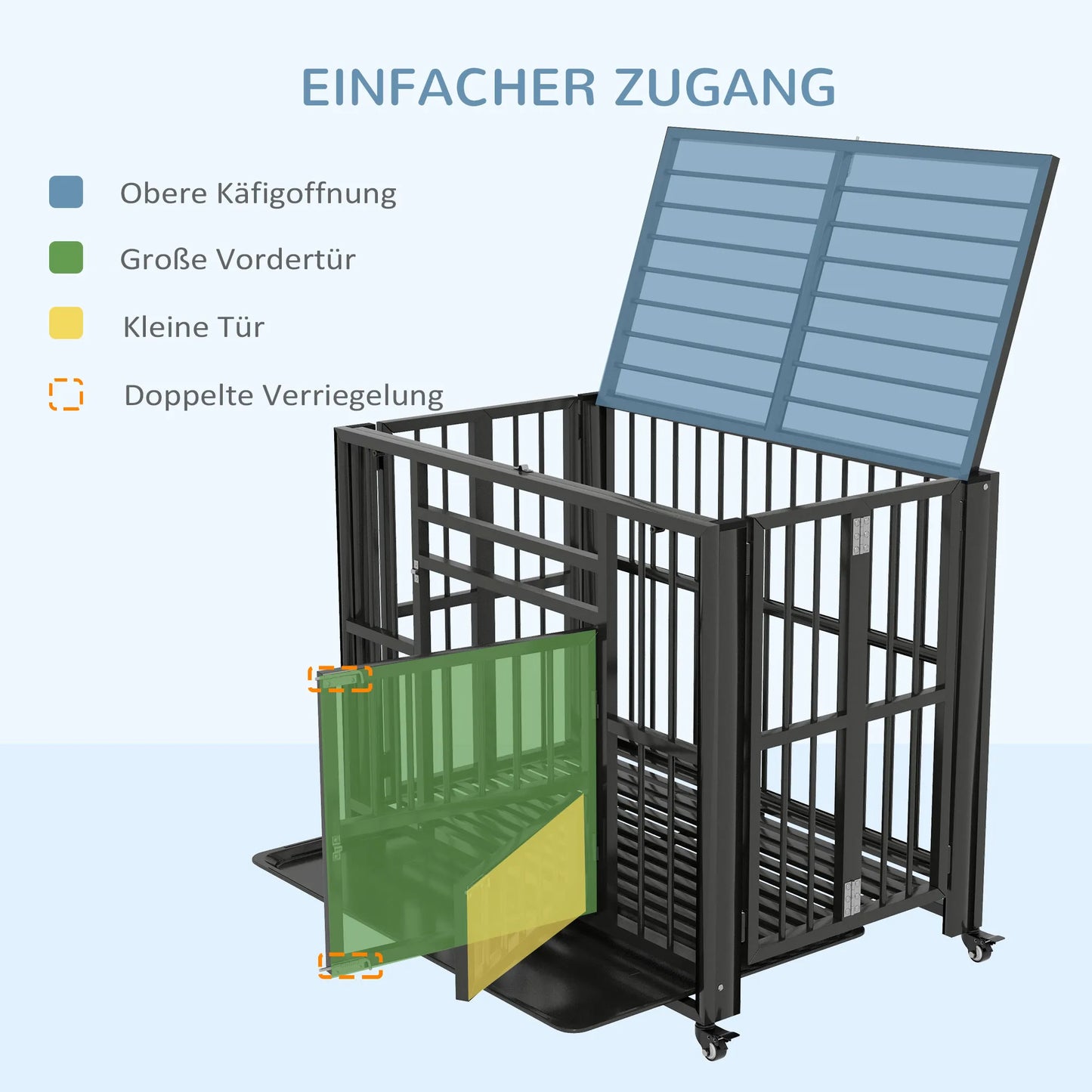 Šunų transportavimo dėžė/narvas, su dugno padėklu, užraktu, universalūs ratukai, 94 cm x 58 cm x 78 cm, juoda