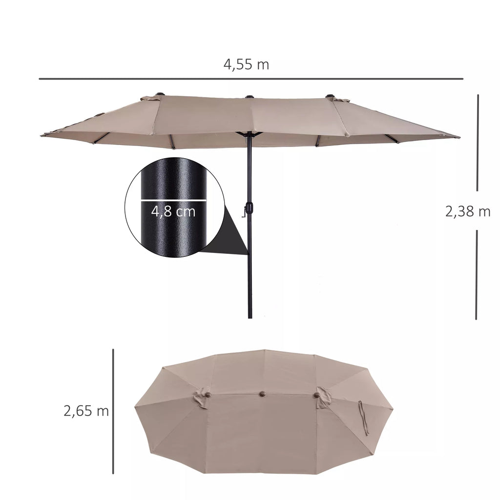 Dvigubas skėtis nuo saulės 455 x 270 cm Sodo skėtis su rankine ovalios formos tvirta metaline strypu Turgaus skėtis Dvigubas skėtis nuo saulės Terasos skėtis Apsauga nuo saulės paplūdimyje, balkone, terasoje, sode Šviesiai rudos spalvos