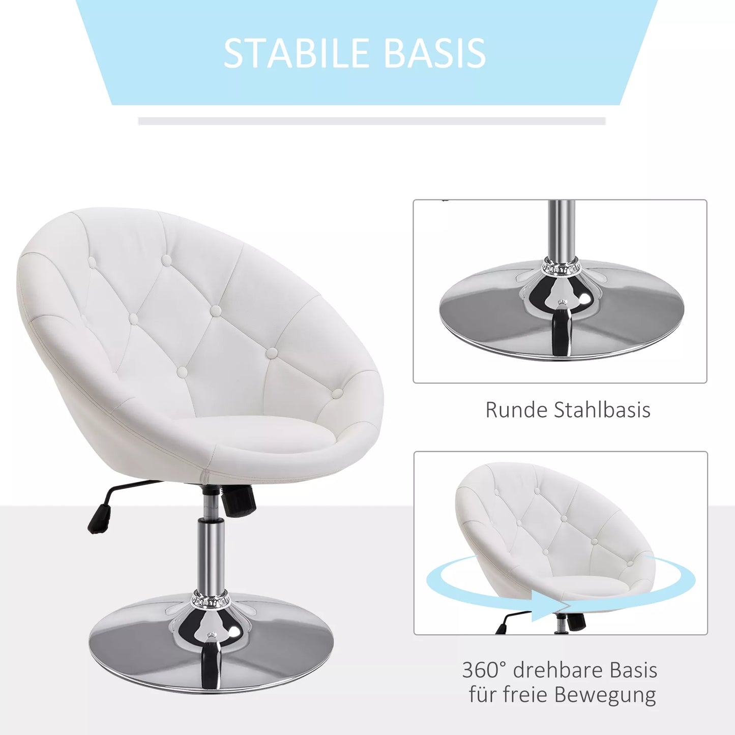 Svetainės fotelis poilsiui, relaksacinis fotelis su plienine baze, skaitymo fotelis iš dirbtinės odos, minkštas fotelis miegamajam, baltas